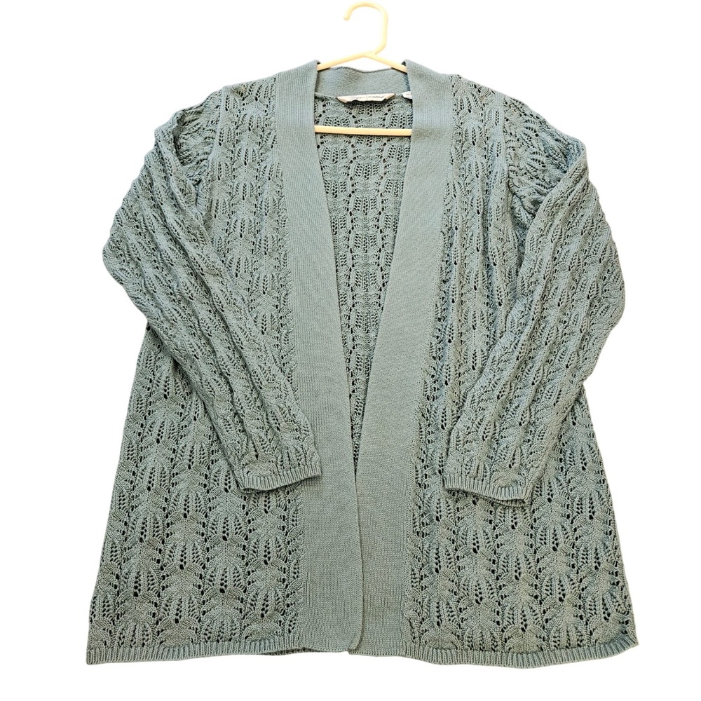 Sage Green Pointelle Knit Open Front Cardigan Sweater‎ Womens 14/16 Crochet
